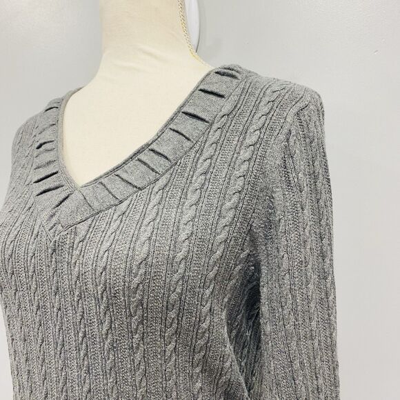 EDDIE BAUER M Y2K Gray Cable Knit V-Neck Long-Sleeve Sweater Bella Swan Preppy - Picture 7 of 16